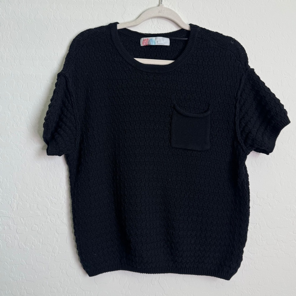 Free People FP Beach Black Cotton Knit Short Sleeve Sweater Pocket XS‎ Boho